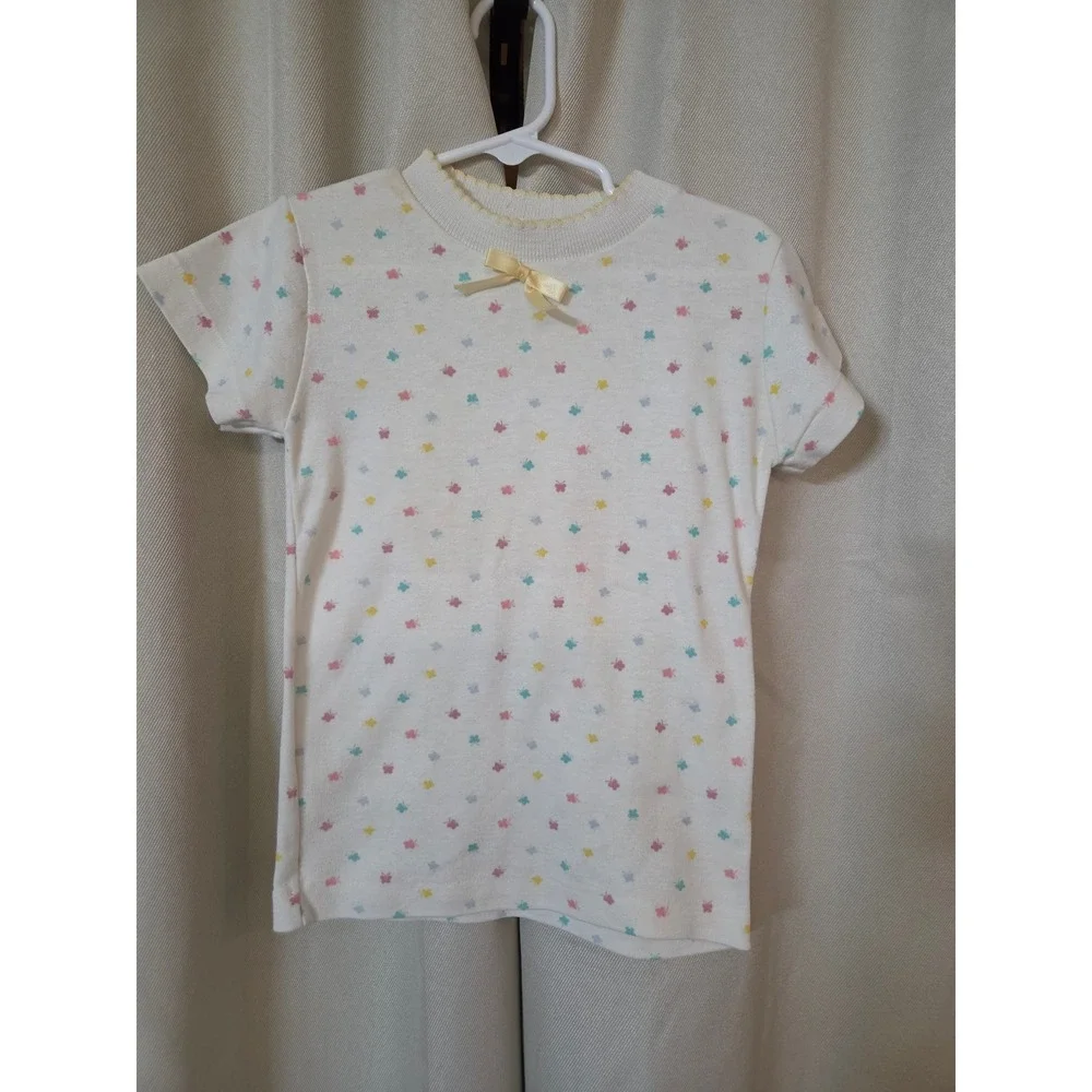 Vintage Health-tex Girls White Butterfly Print Top Bow Scalloped Neck 6x USA